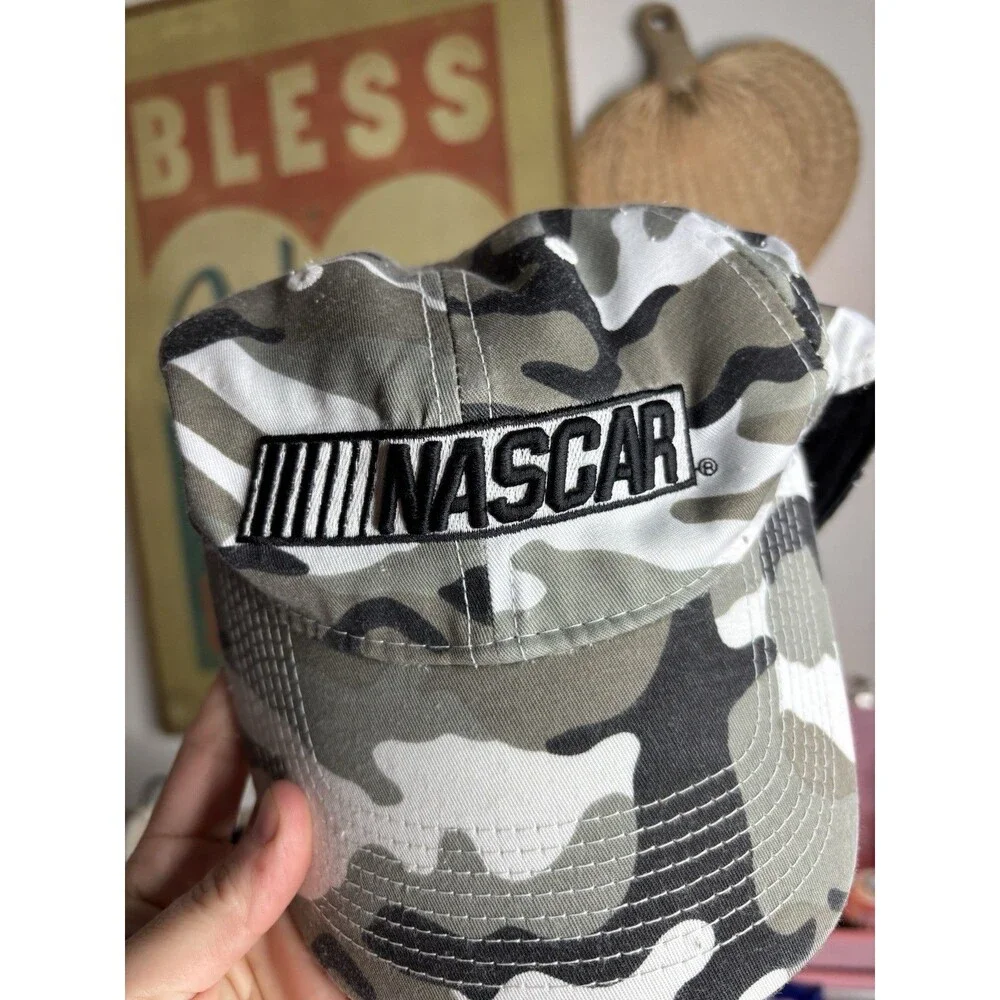 Nascar Camouflage Hat Strap Back White Gray Snow Camo Baseball Cap